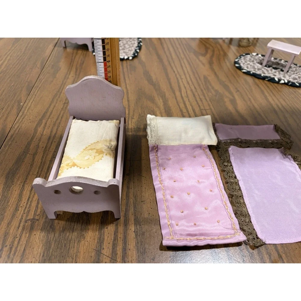 Vintage Lavender Wooden Dollhouse Bedroom Furniture Set 10 Piece Miniature Lot